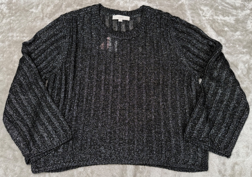 Loft Shimmer Black Silver Metallic Drop Stitched Sweater Womens Size L NWT